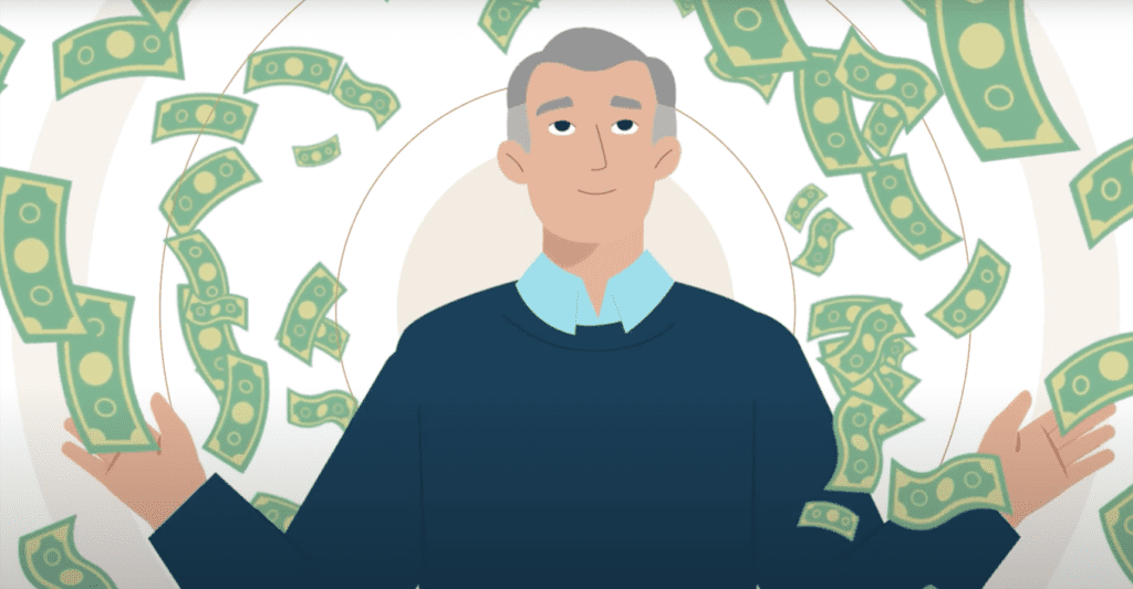 Illustration of man standing with money around him.