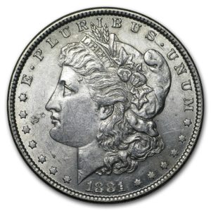 The 1881 Morgan silver dollar's value depends on condition and mint.