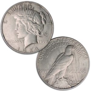 The reverse of the 1923 silver peace dollar depicts a bald eagle at rest clutching an olive branch.