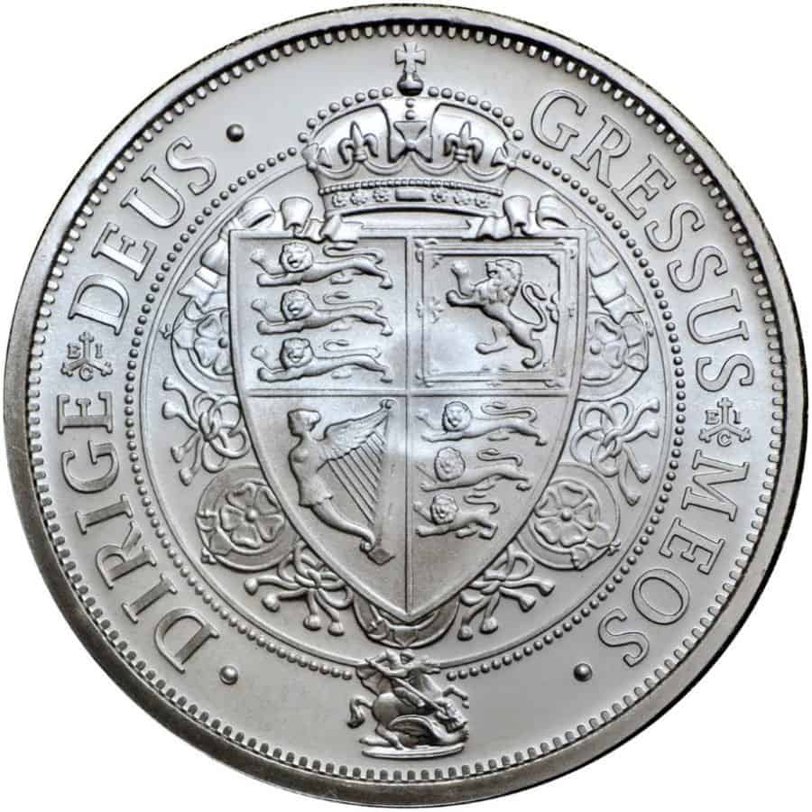 St. Helena Silver Sovereign 1.25 ounce coin shows a shield with elements from England, Scotland and Ireland.