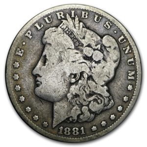 An 1881 Morgan Silver Dollar graded as good shows distinct signs of heavy wear and tear.