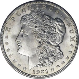 An uncirculated 1921 Morgan Silver Dollar will look like it’s just been minted, and all its features are fully intact.