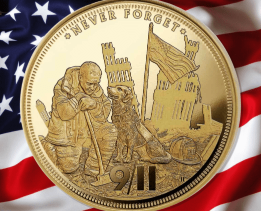 Front side The 9/11 Never Forget commemorative gold coin is a unique limited mintage 1/8 oz gold coin.