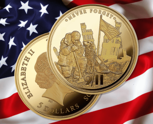 The 9/11 Never Forget commemorative gold coin is a unique limited mintage 1/8 oz gold coin front and back gold price