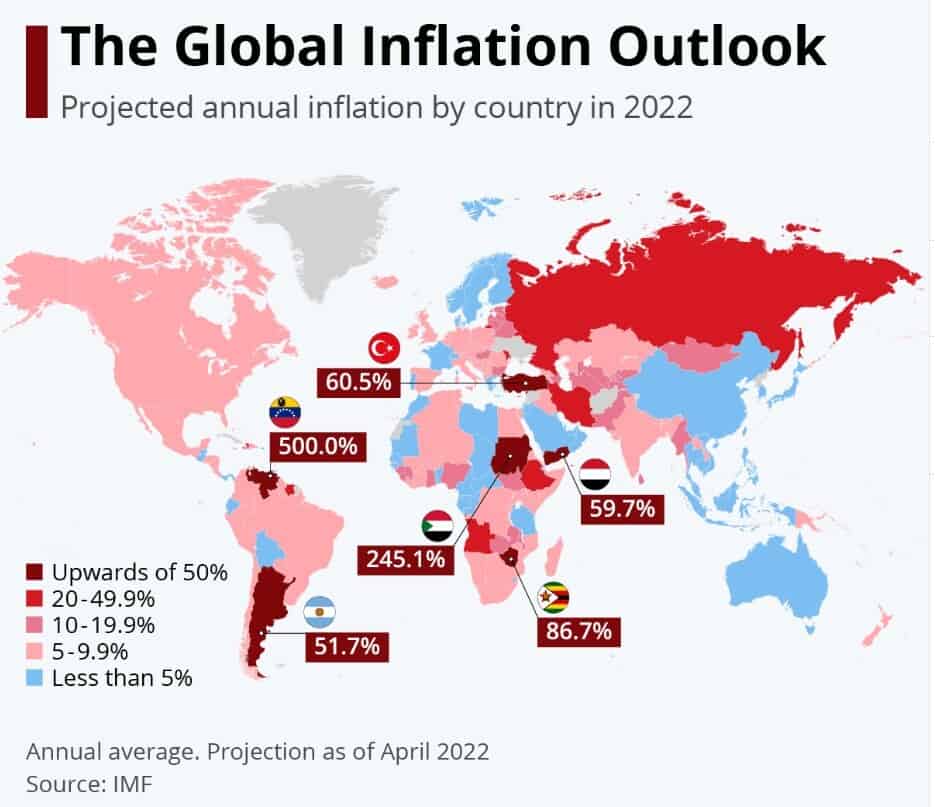 A map of the world showing inflation outlook for countries, including the US inflation rate.