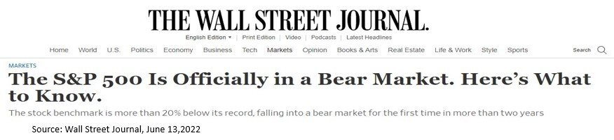 Headline from Wall Street Journal about the stock market entering a bear market, stock market correction.