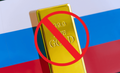 An image showing gold bars on the Russian flag symbolizing the ban on Russian gold.