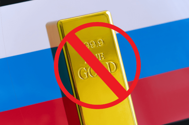 An image showing gold bars on the Russian flag symbolizing the ban on Russian gold.