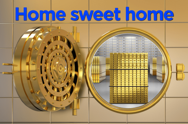 An image of a vault full of gold bars as central banks are moving their gold reserves home.