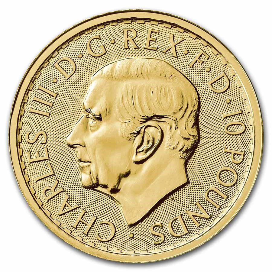 Gold Britannia 1/10 oz bullion coin obverse King Charles III