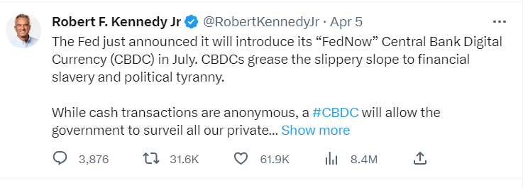 A Tweet by Robert F. Kennedy Jr. about FedNow and CBDC privacy concerns