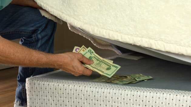 An image of an old person grabbing money from beneath a mattress