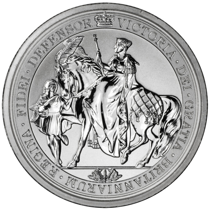 The reverse of the Silver Victoria Seal features Queen Elizabeth the first on horseback.