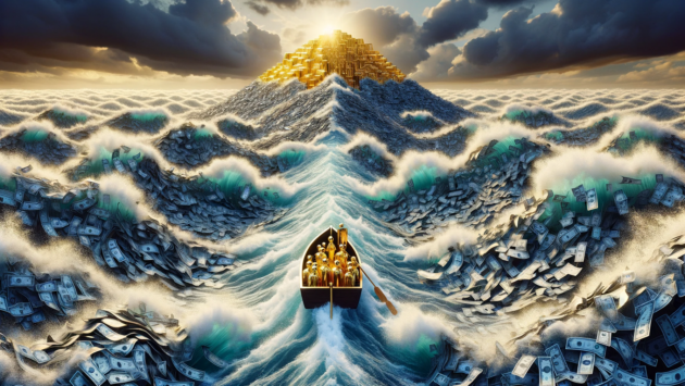 A boat in a sea of debt and deficits sailing towards the safety of a mountain of gold