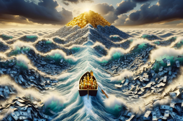A boat in a sea of debt and deficits sailing towards the safety of a mountain of gold