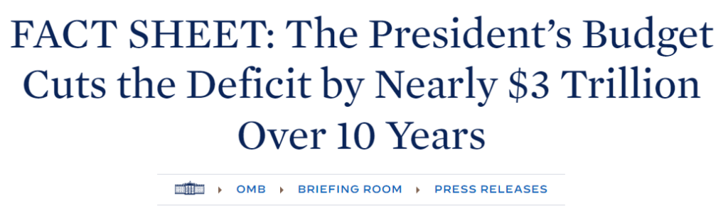 An image of a headline about how Biden's budget would cut 3 trillion dollars off the deficit