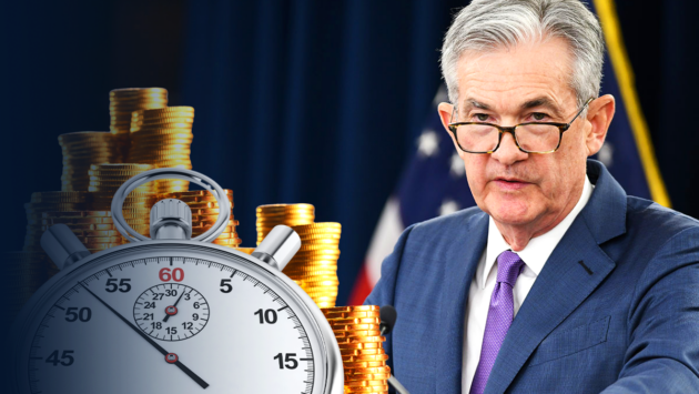 Ann image of Fed chairman Jerome Powell and a clock symbolizing his interview on 60 minutes