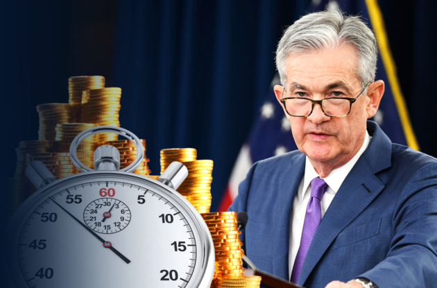 Ann image of Fed chairman Jerome Powell and a clock symbolizing his interview on 60 minutes