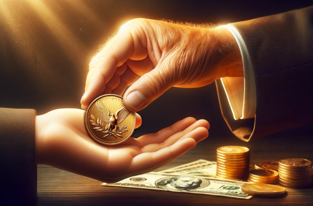 An image of an old person's hand passing a gold coin to a younger generation to fortify their financial legacy with physical gold.