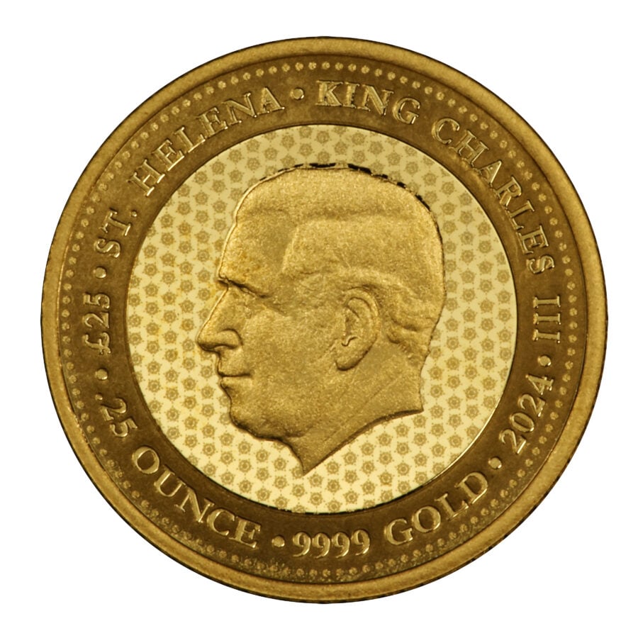 The obverse side of the gold Victoria Seal coin features an effigy of King Charles III